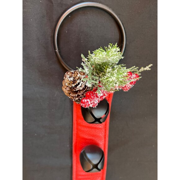Red Leather Door Hanger With Black Jingle Bells & Holiday Decorations - Picture 3 of 6
